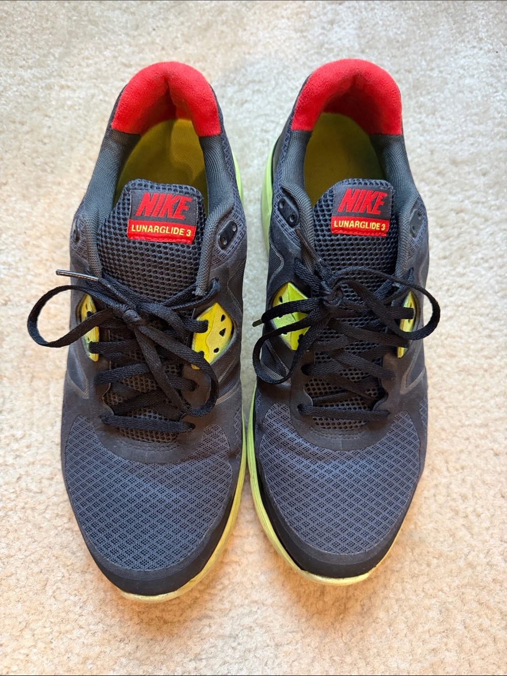 Nike Men’s Lunarglide 3 Sneakers in Gray with Red and Neon Yellow/Green Accents